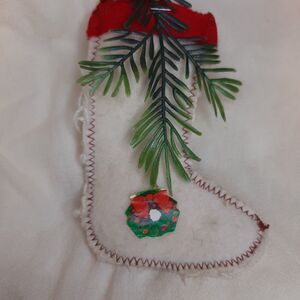 Vtg Miniature 5" Handmade Felt Christmas Stocking Ornament white/ivory/cream